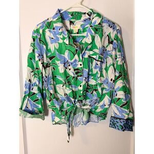 Maeve Anthropologie Green Floral Tie Front Button Down Shirt XS New